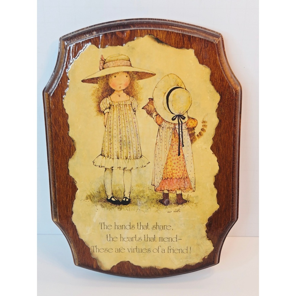 Vintage Holly Hobbie Wooden Wall Plaque 1979 Friendship Virtues Art 9x6.5